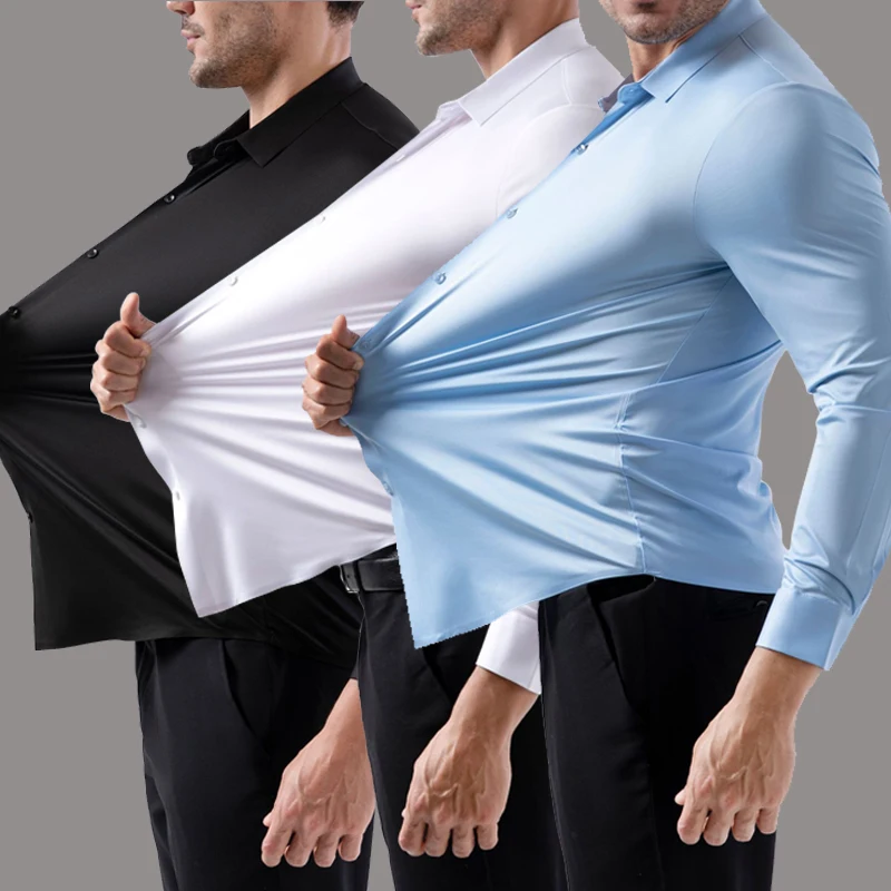 

92-102 кг эластичная мужская рубашка с длинными рукавами, деловая повседневная рубашка без морщин, шелковистая гладкая висячая рубашка