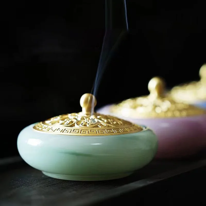 Liuli Glass Lotus Jade Incense Burner Agarwood Cone Censer Tea Room Sandalwood Holder Enamel Seal Incense Desktop Home Decor