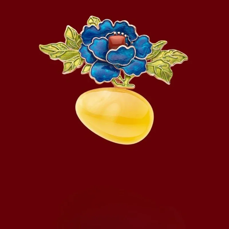 National Beauty Peony Brooch High-end Female Natural Amber Beeswax Jewel Corsage