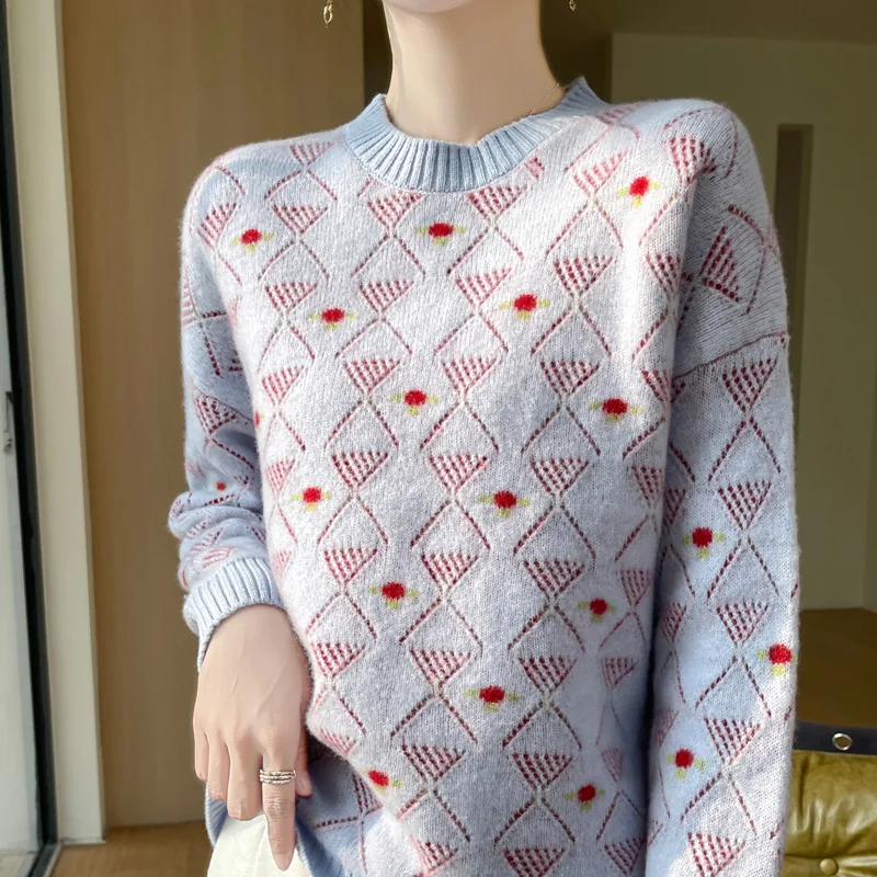 

100% Merino Wool O-Neck Gentle Knitted Design Sense Sweater Pullover Cashmere Long Sleeves Fashion Soft Casual Clothing Top