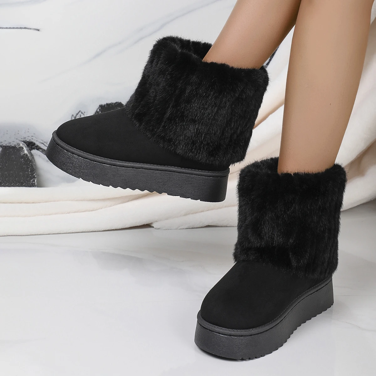 Women's Foldover Cuff Woven Plush Platform Ankle Boots Soft Comfort Fur Inside Winter Boots 2024 New Fashion Chunky Snow Boots