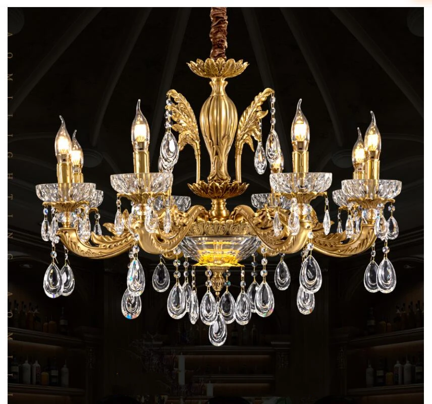 French Style Copper Chandelier Luxury Antique Golden D68cm H51cm 6L K9 Crystals Chandelier 110~240V Home Decora Hanging Lights