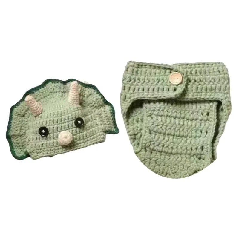 J15U 2Pcs Warm and Soft Newborns Costume Crochet Knitted Dinosaur Hat and Pants Set