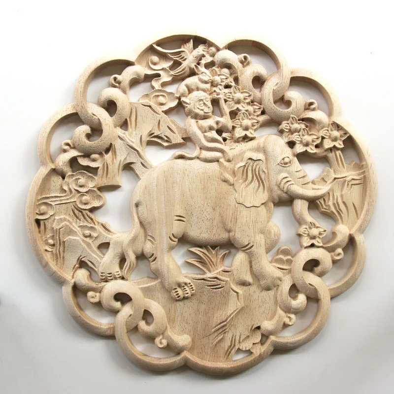 Unpainted Round Wood Applique Wood Decal Mouldings Onlays European Carving Elephant Wooden Furniture Decoration Corner