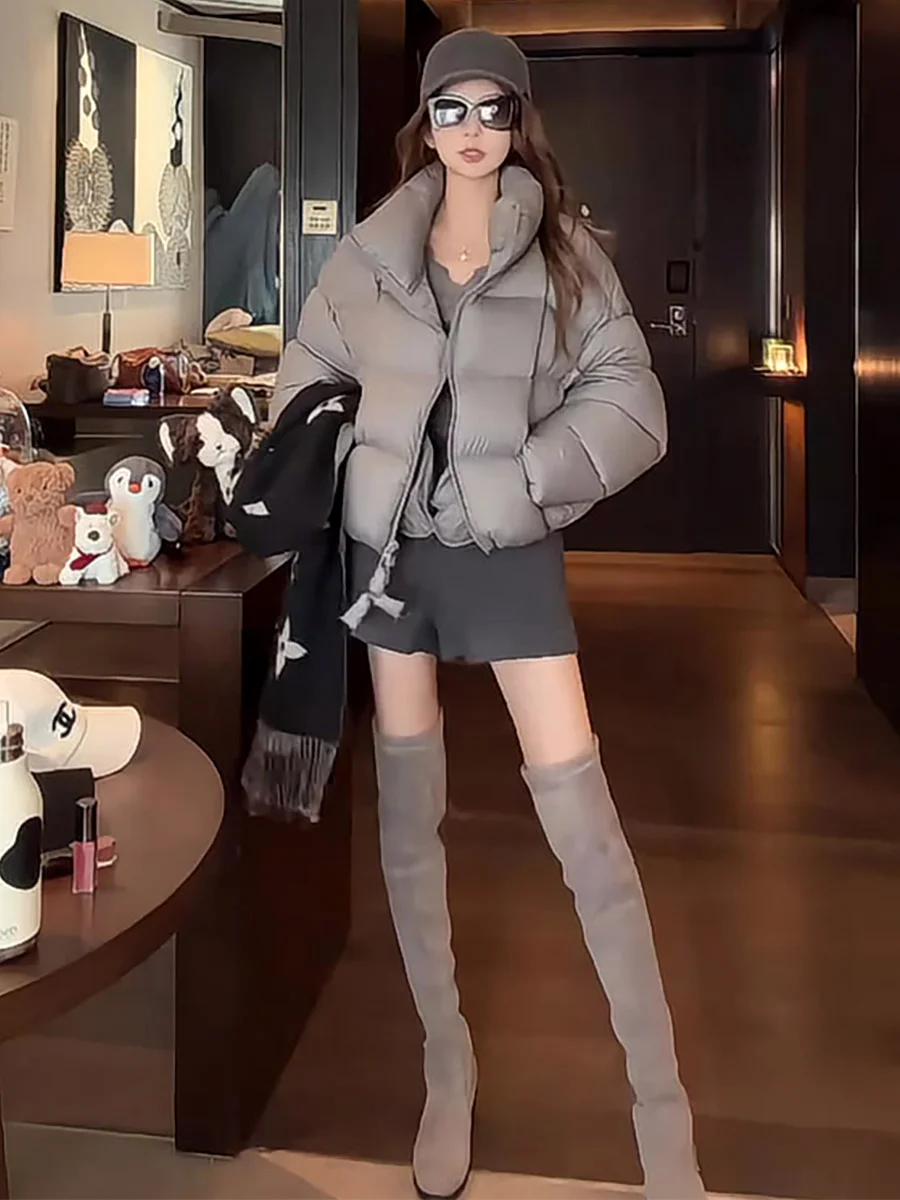 

Women's Thiened ort down Jaet Stand Collar Bread Coat 2025 Winter New Sle Casual Leisure Ci Warm Zipper Pure Color