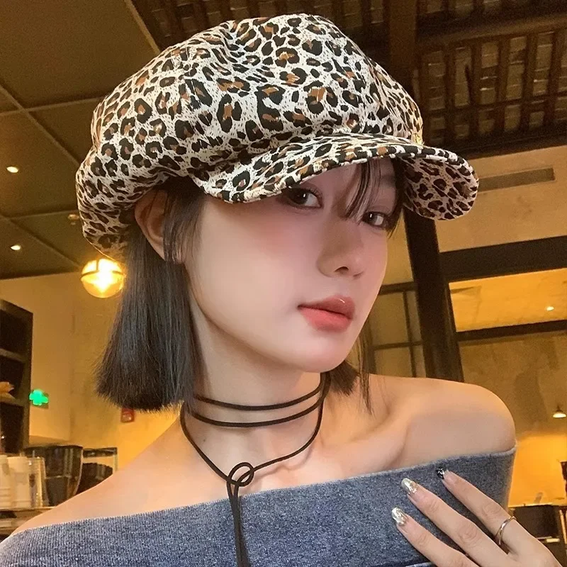 Y2K British Leopard Berets Vintage Octagonal Cap Retro Elegant Ladies Painter Hats for Women Girl Cloud Beret Duckbill Gorra