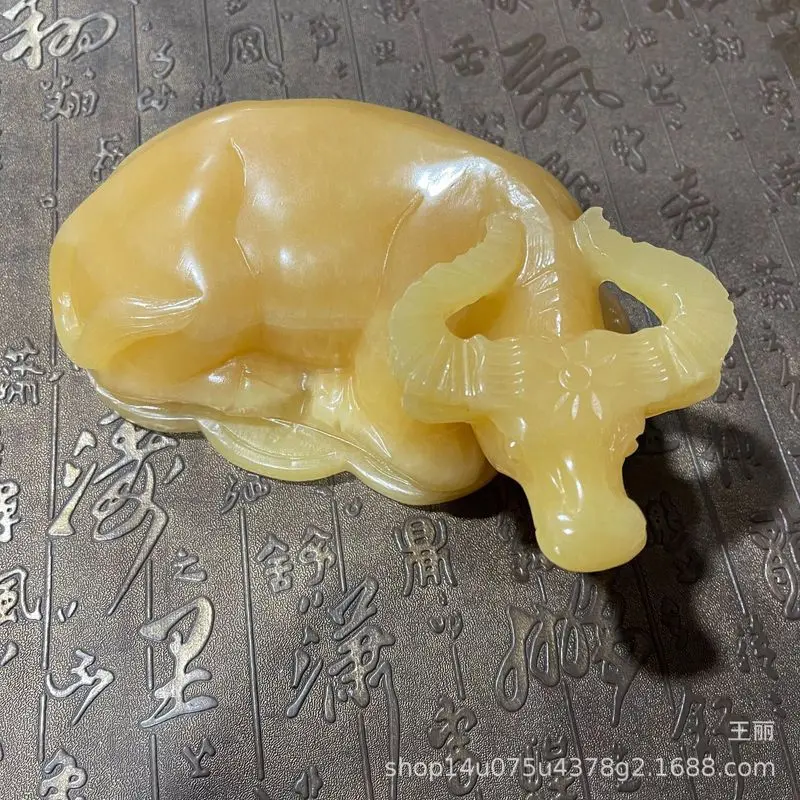 Beige Jade Zodiac Ox Ornament, Yellow Dragon Jade Money Ox, Chinese Zodiac Home Decor for Living Room and Office