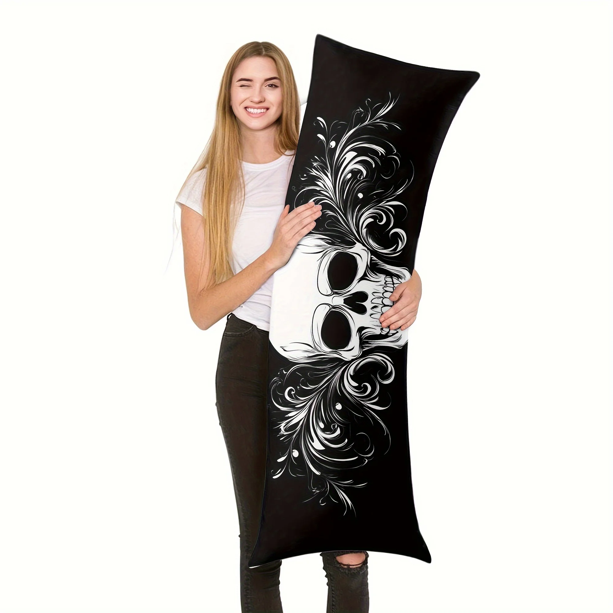 1pc Gothic Skull Floral Print Pillowcase 20x54 Inch - Double-Sided Black & White Design, Soft Short Fiber, Zipper Closure, Machi