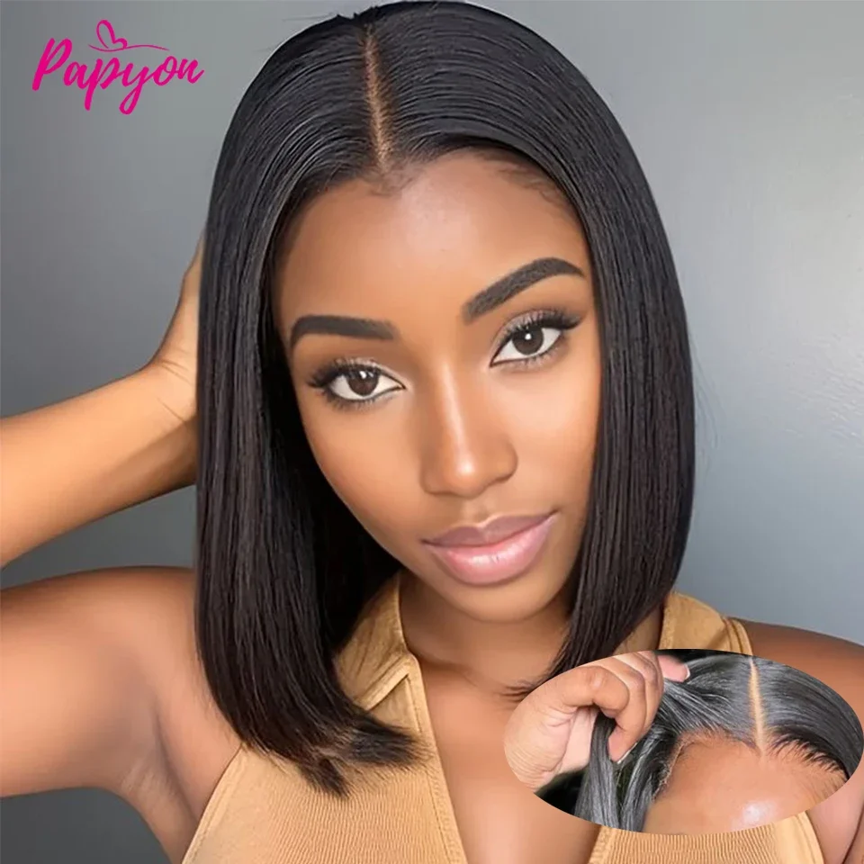 Short Straight Bob Human Hair Wigs, Full Machine Made, Pre-Cut 4x4 Lace, Elastic Drawstring, Upgraded Breathable Wigs