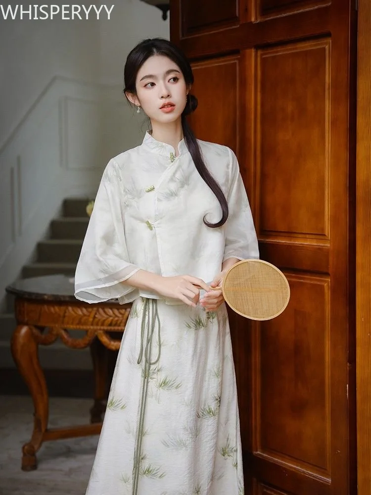 

Elegant Zen Women's Summer Improved Cheongsam Top New Chinese Style Suit Chinese Traditional Dress Female Vintage 2-piece Set