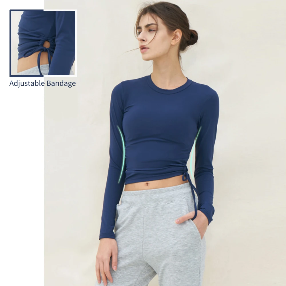 

Alpha Round Neck Causal Sports Suit Long Sleeve T-shirt,Breathable Running Workout Crop Top Yoga Shirts with Bandage