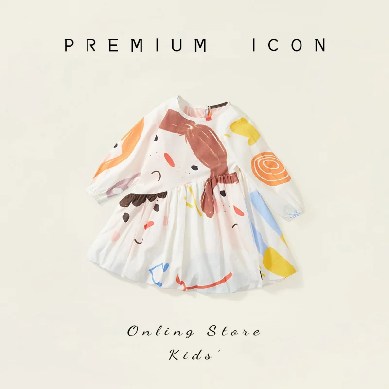 Girls' Long Sleeve Dress Spring New Cartoon Graffiti Style Cute Princess Dress