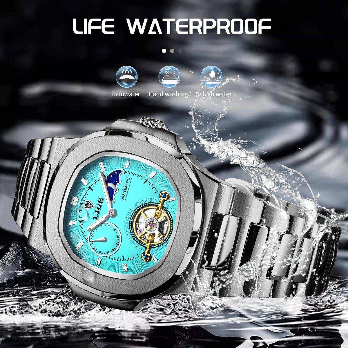 LIGE Dual Seconds Tourbillon Watch 24 Hour Mechanical Watch Men Stainless Steel Authentic Watch Night Glow Waterproof Mens Watch