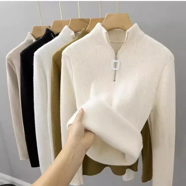 Fleece, Thickened Base, Integrated Fleece Sweater Inside, Foreign-style Zipper Knitted Sweater, Semi-turtleneck Top.