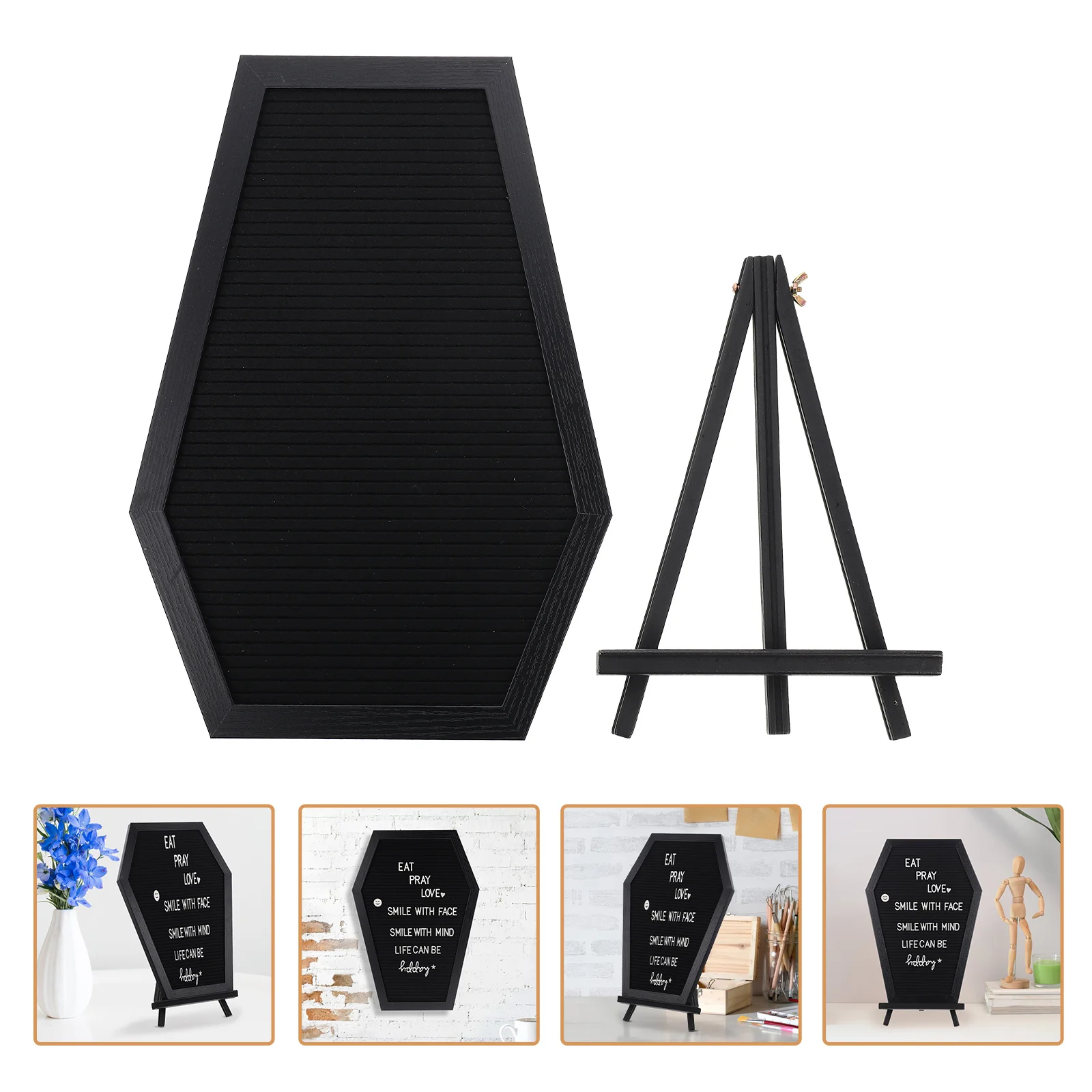 Coffin Letter Board Figurine Wood Tripod Felt Cloth Wood Spooky Letter Board Halloween Party Message Board 40.2x28.5cm