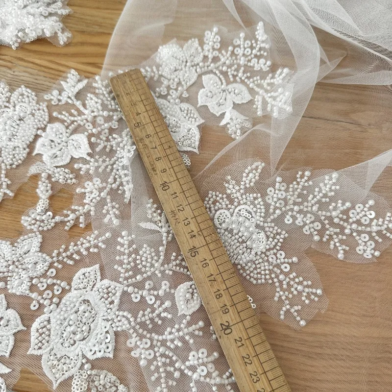 Beaded Lace Applique Set Ivory Wedding Dress Veil Trim 1 Pair