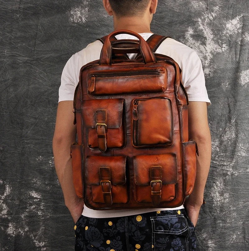 

Retro backpack first layer cowhide trendy men outdoor travel 17 inch computer bag large capacity leather backpack men