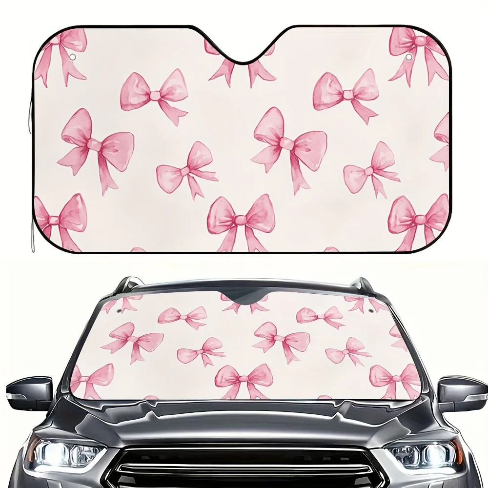 

1 шт. Автомобильный солнцезащитный козырек с розовым бантом - подходит для складного навеса с розовым луком и белым узором, УФ-излучение и обогрев, простая установка для, внедорожников, грузовиков -