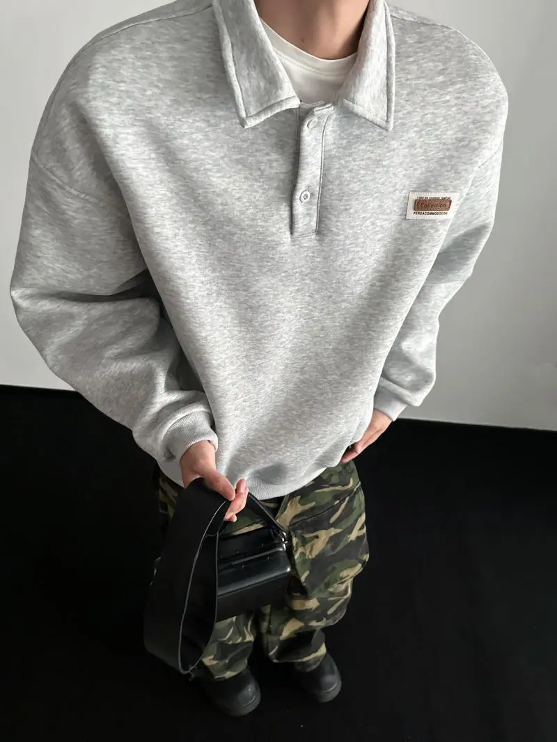 Autumn Men's Casual Solid Color Polo Neck Sweatshirt American Style Couple Loose Long Sleeve Turn down Collar Top Hoodies