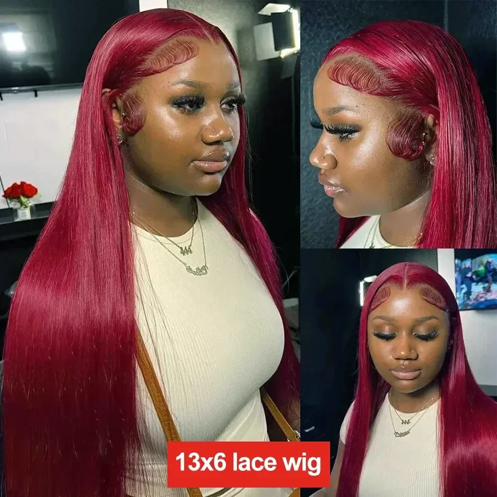 99j Burgundy 36 Inch Straight HD HD Lace Front Human Hair Wig 200 Density 13x6 Glueless Lace Front Human Hair Wig for Women