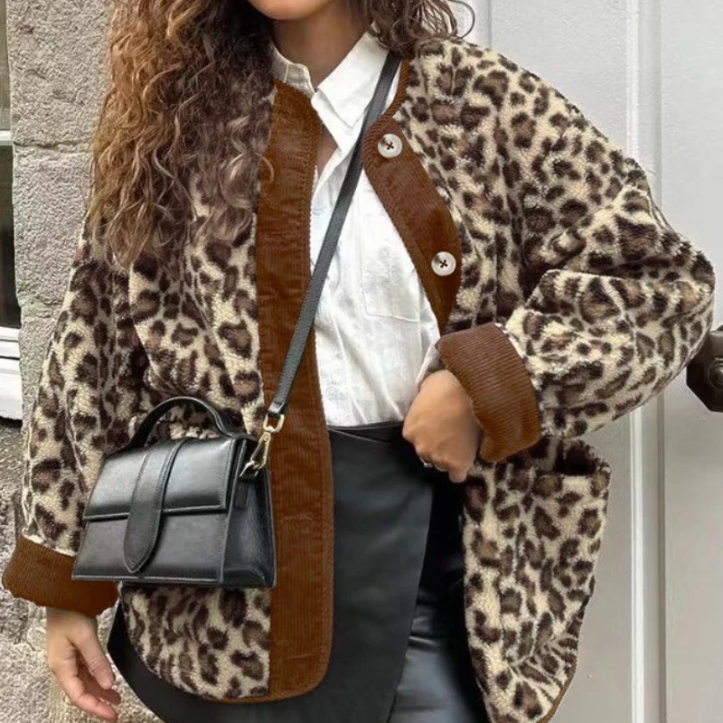 

Women Wool Jacket Casual Blends Coat Leopard Print Patchwork Pocket Round Neck Loose Jackets Single Breasted Street 2025 Autumn