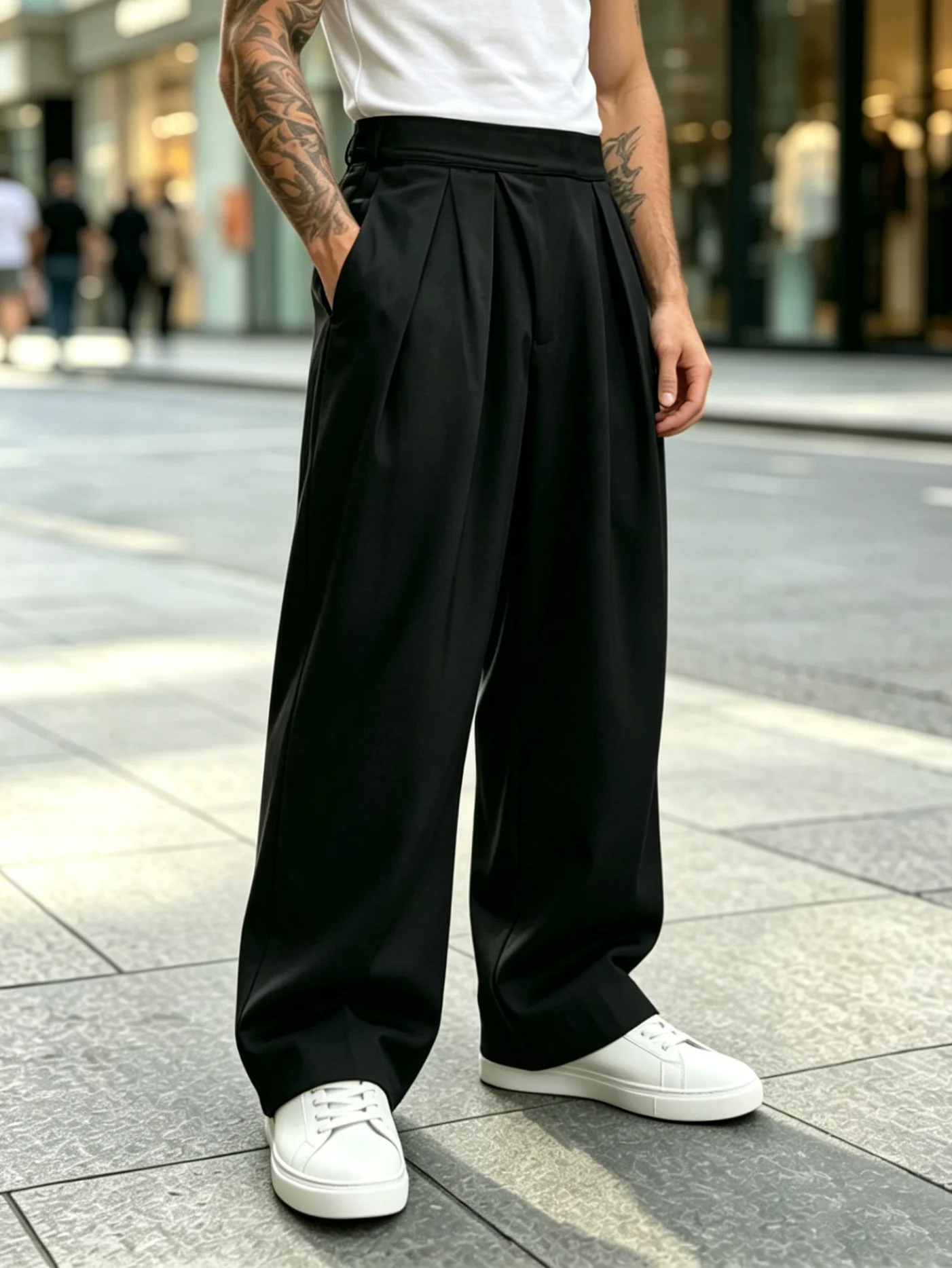 Black Double Pleated Wide Leg Suit Pants Men High Waist Draping Loose Straight Floor Length Casual Dress Pants Versatile for Com
