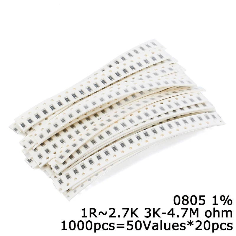 1000Pcs/lot 0805 Resistor 1R~2.7K 3K-4.7M ohm 1% SMD Component Package Resistance Package DIY Kit 50Values*20pcs