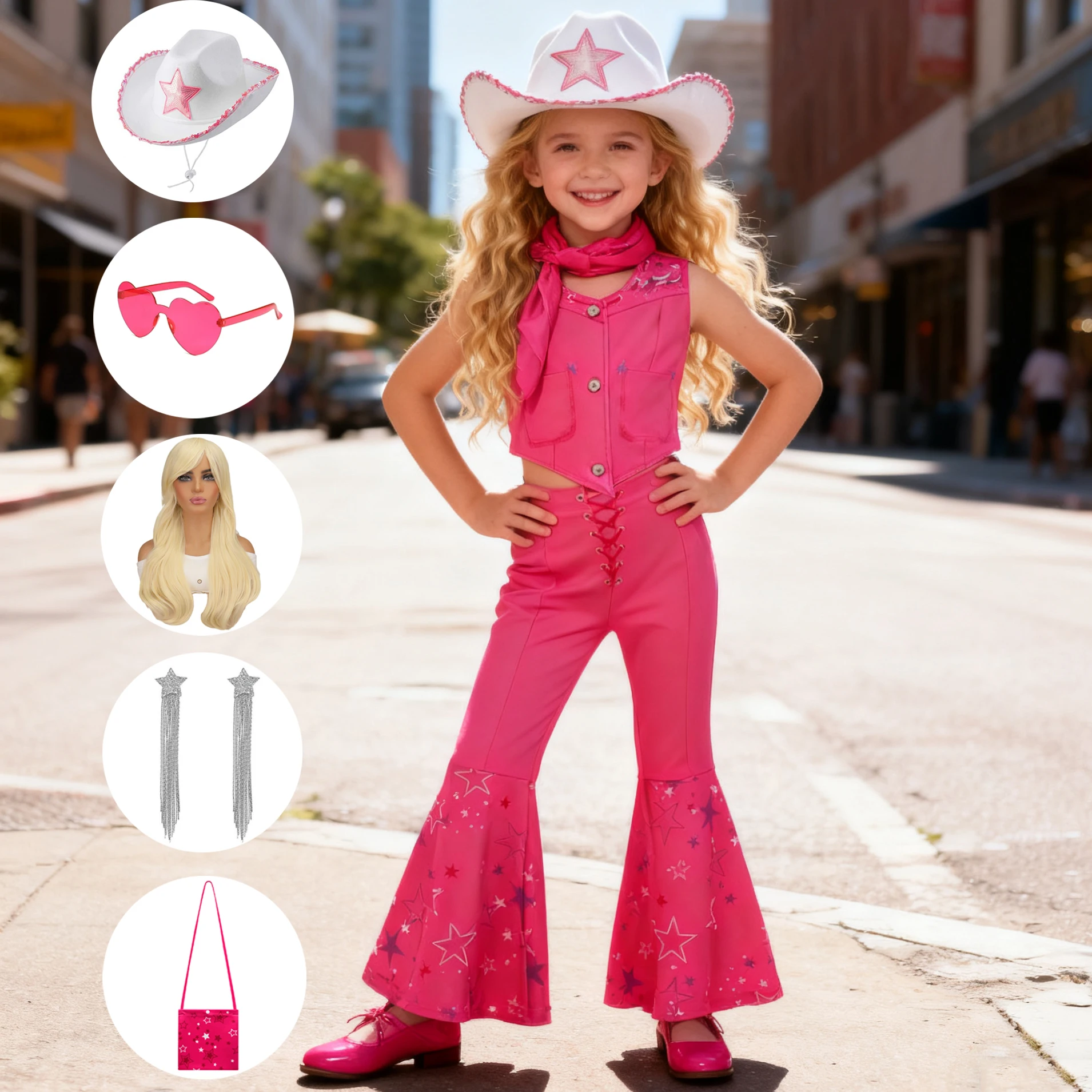 Film chaud rose bébé filles vêtements ensemble enfants mode T-shirt gilet Flare pantalon écharpe 3 pièces ensemble filles décontracté été fête Costumes
