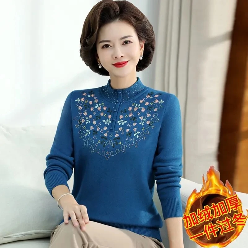 Middle-Aged Women\'s Spring Autumn Clothes Fashion Knitted Sweater 2022 Mother\'s Plush And Thicken Sweater Pullover Loose Top