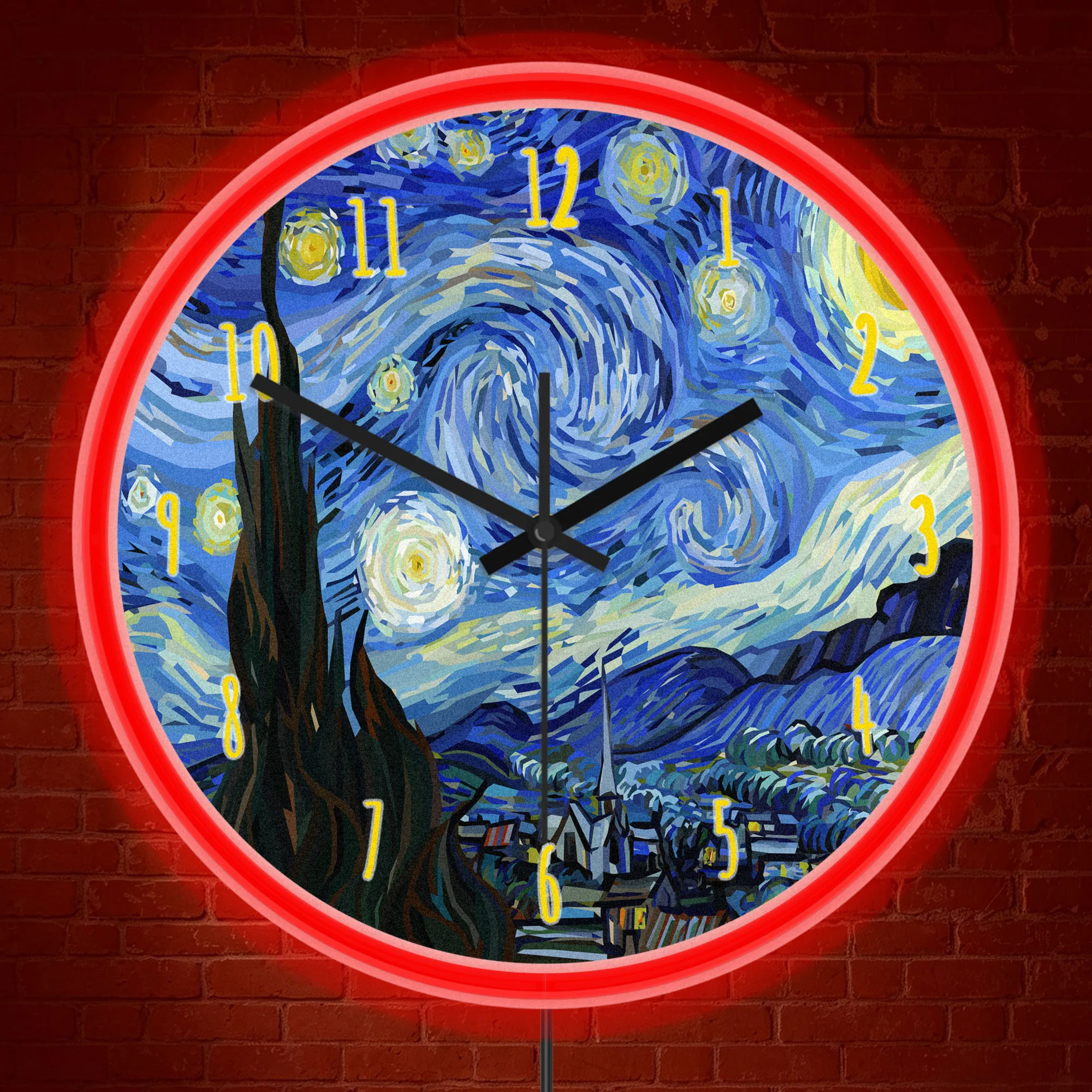The Starry Night Famous Painting LED Neon Rim Night Light Wall Clock for Art Studio Van Gogh Masterpiece Glow in Dark Wall Clock