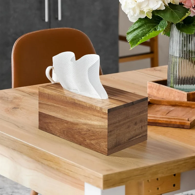 직사각형 티슈 박스 커버 - 아카시아 나무 직사각형 티슈 박스 홀더 탁상용 나이트 스탠드 욕실 사무실 - 장식 F