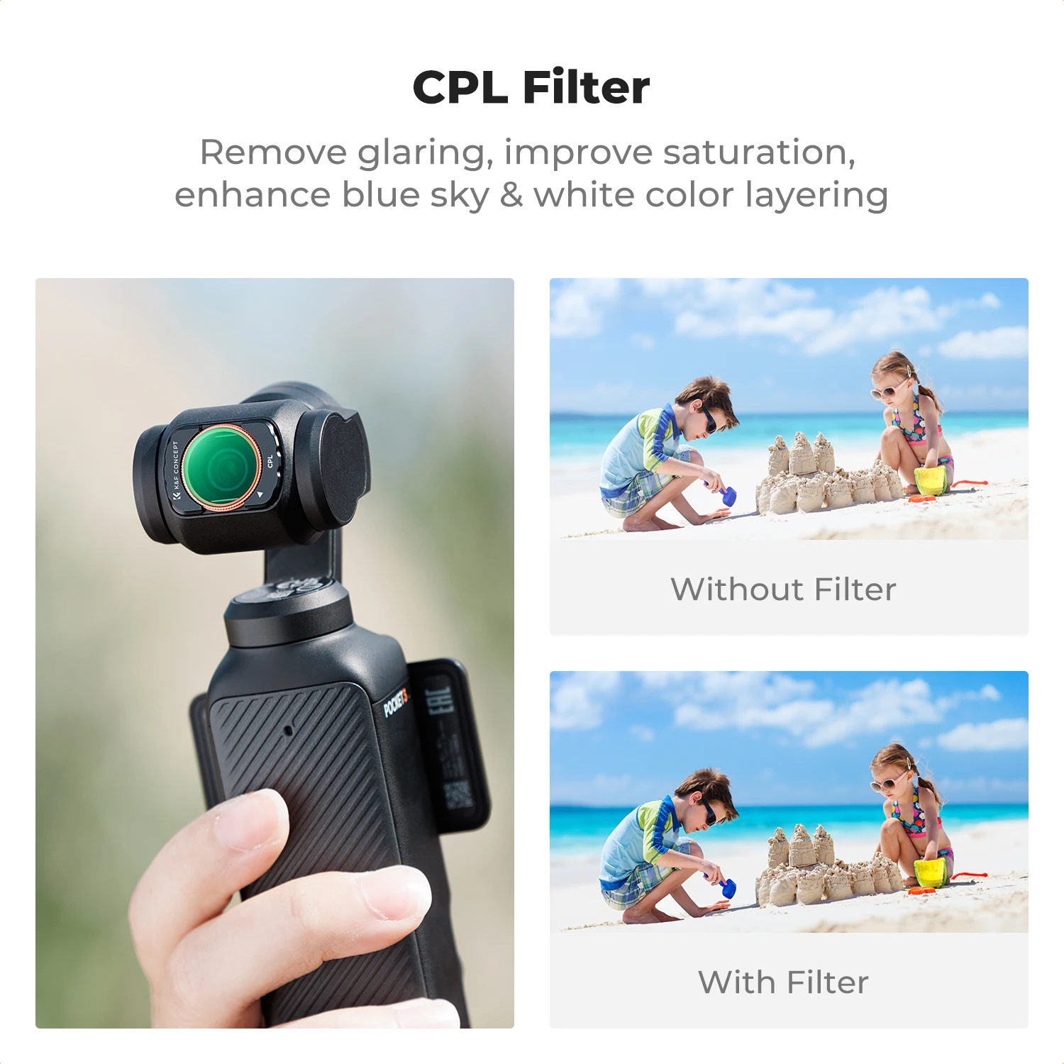 K&F Concept Sports Camera Filters for DJI Osmo Pocket 3 Wide Angle Lens & 3 Pack Effect Filter Adjustable 2 in 1 Optional Filter