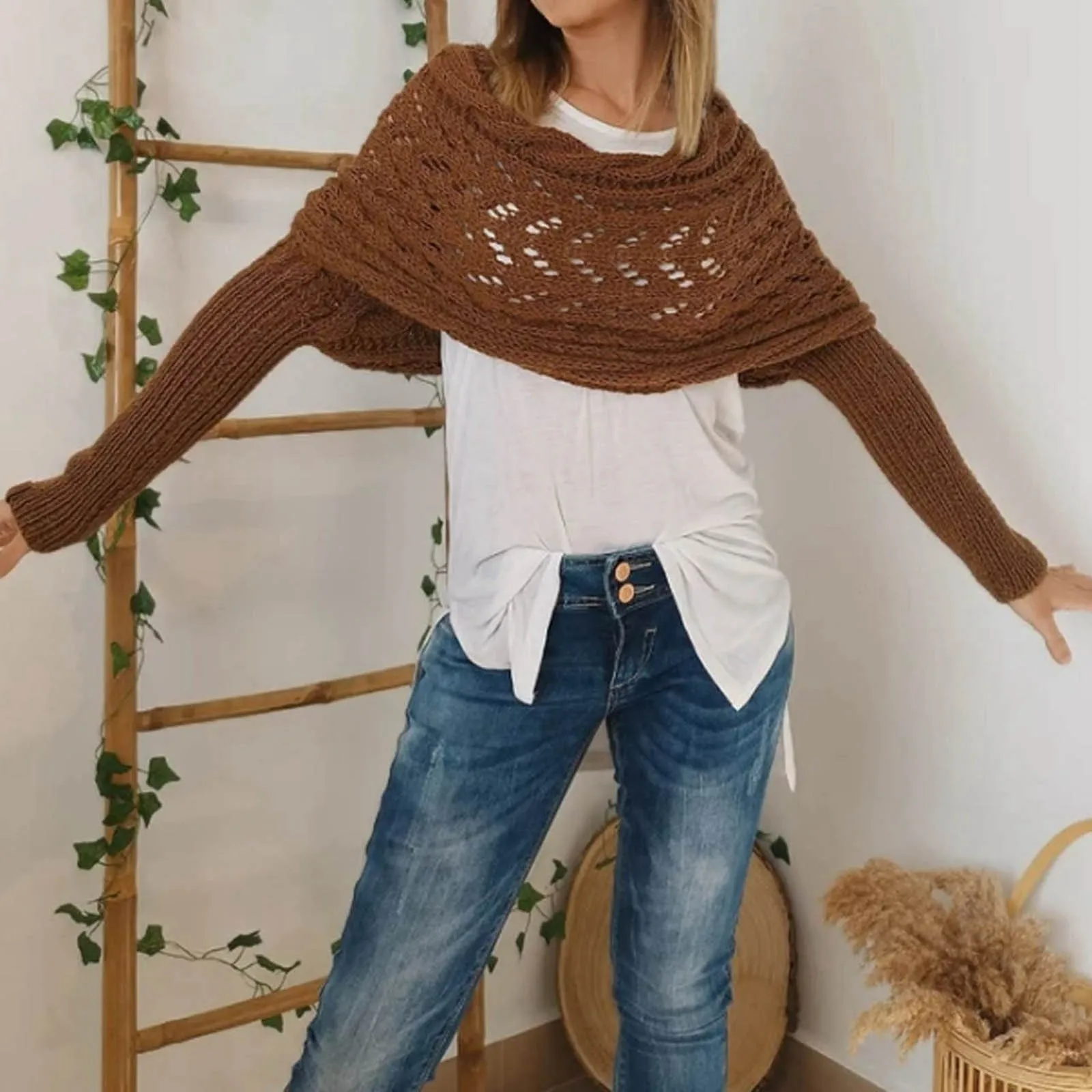 Knitting Wool Twist Shawl Women\'s Elegance Solid Color Long Sleeve Off Shoulder Scarf Autumn Fashion Outwears Pullovers Sweater