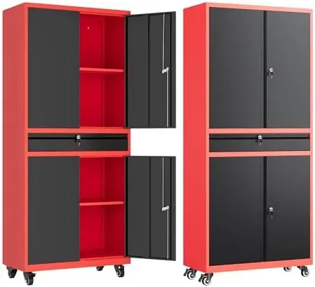 Metal Garage Storage Cabinet with Wheels,Rolling Tool Cabinet with Adjustable Shelves and Drawer for Garage Home
