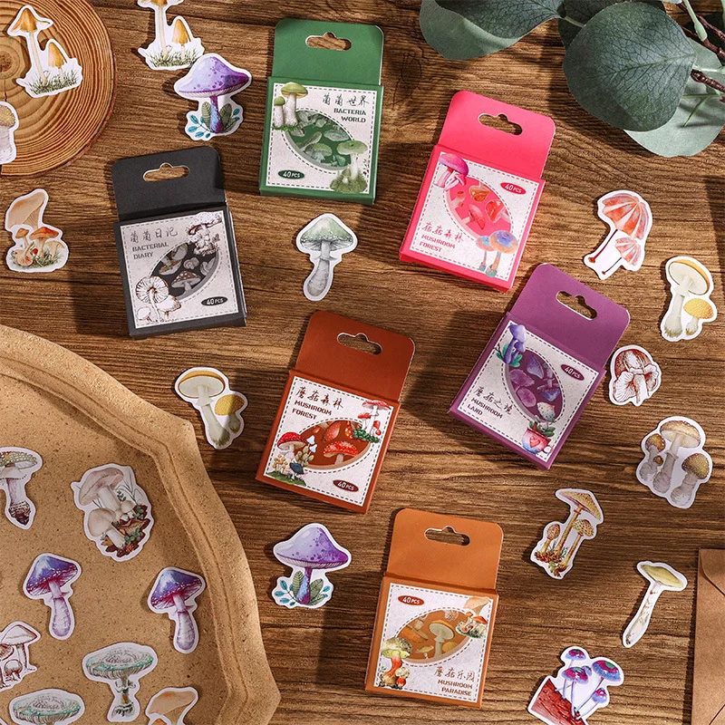 40pcs Retro Stickers Mushroom Forest Box Creative Material Paper for Journaling Stationery Set