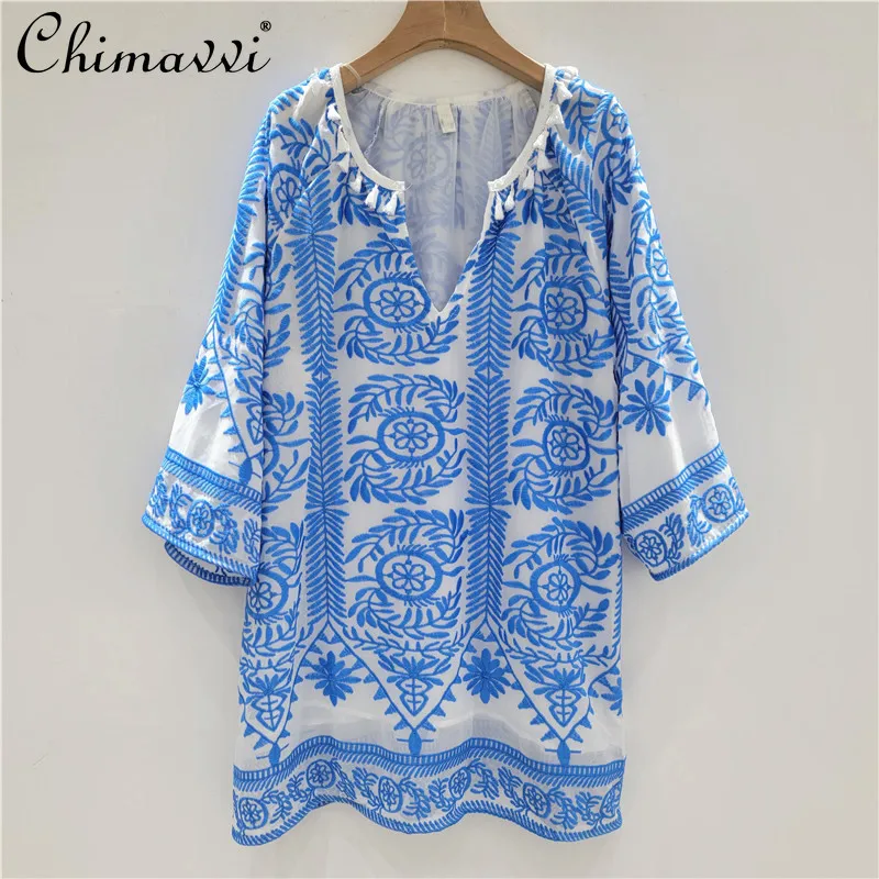 

2025 New Ethnic Style Embroidery Pattern Fringed Sanya Seaside Vacation Loose and Thin Beach Dress For Women