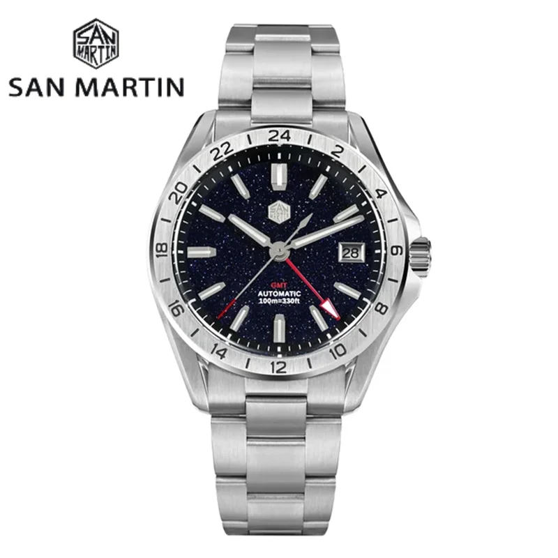 San Martin 남성용 럭셔리 시계, Aventurine 보석 다이얼, NH34 GMT 자동 기계식 사파이어 방수 야광 SN0129, 39mm