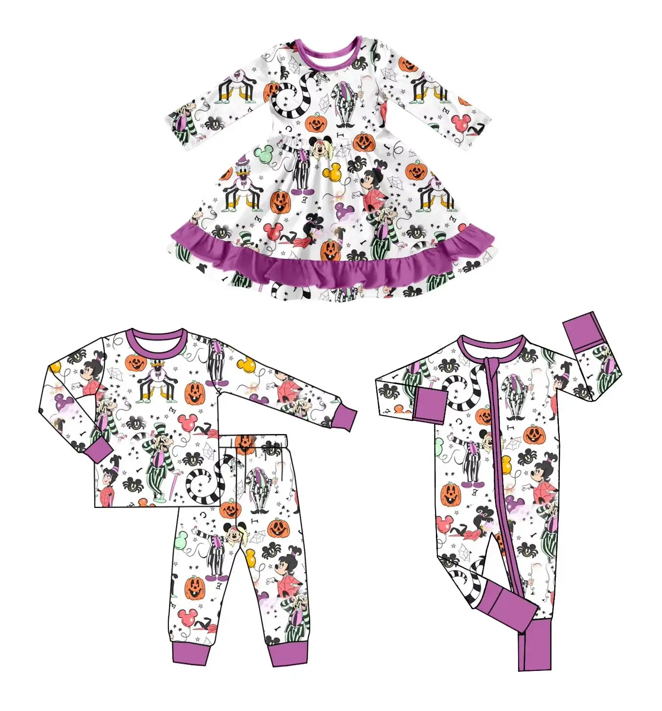 Halloween boutique children set long-sleeved spider pumpkin cartoon print trouser boy pajama set baby zipper jumpsuit girl dress