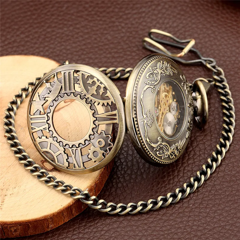 Bronze Unisex Skeleton Handwind Mechanical Pocket Watch Roman Number FOB Chain Half Hunter Case Vintage Timepiece