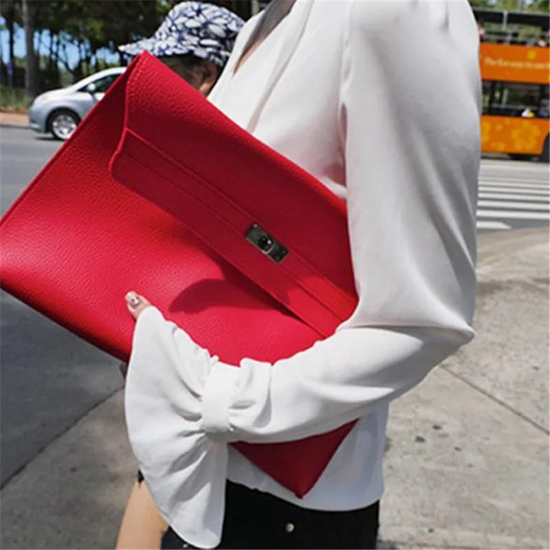 Envelope de couro PU para mulheres, embreagem vermelha, bolsa feminina, padrão de lichia, bolsas de mão simples, vermelho