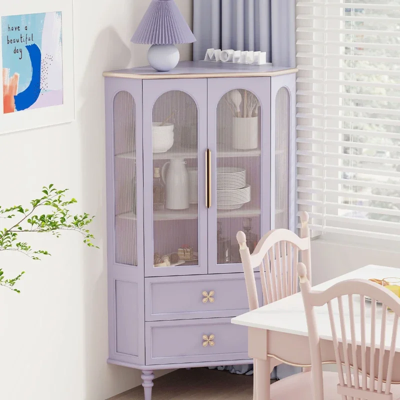 Magic Dopamine Taro Purple Corner Storage Locker Glass Door Side Cabinet Corner Triangle Locker Standing Cabinet