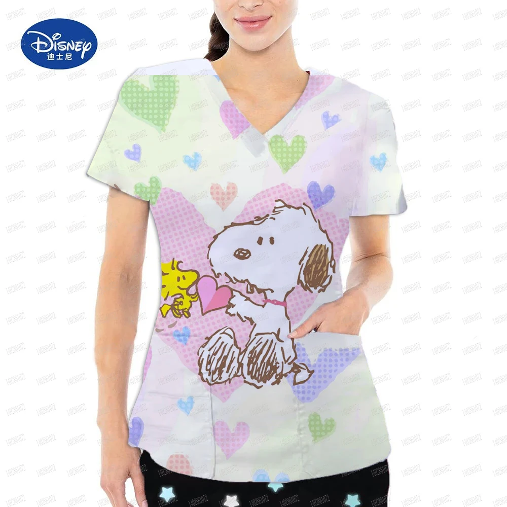 Women Scrub Top With V-neck Snoopy Cartoon Scrub Uniforms Thin Nurse Scrub Tops For Women Short Sleeve Blouse Healthcare Tunic