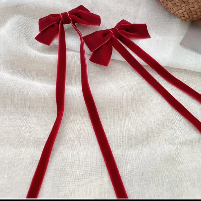 2 Stück Samt-Haarspangen mit Schleife und langen Bändern, modischer Haarschmuck in Rot und Schwarz, niedliche, elegante, vielseitige Haarschleifen für Mädchen – Detail 1