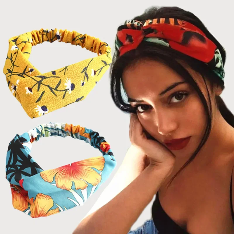 

Women Summer Bohemian Style Hairbands Print Headbands Retro Cross Knot Turban Bandage Bandanas Women Hair Accessories