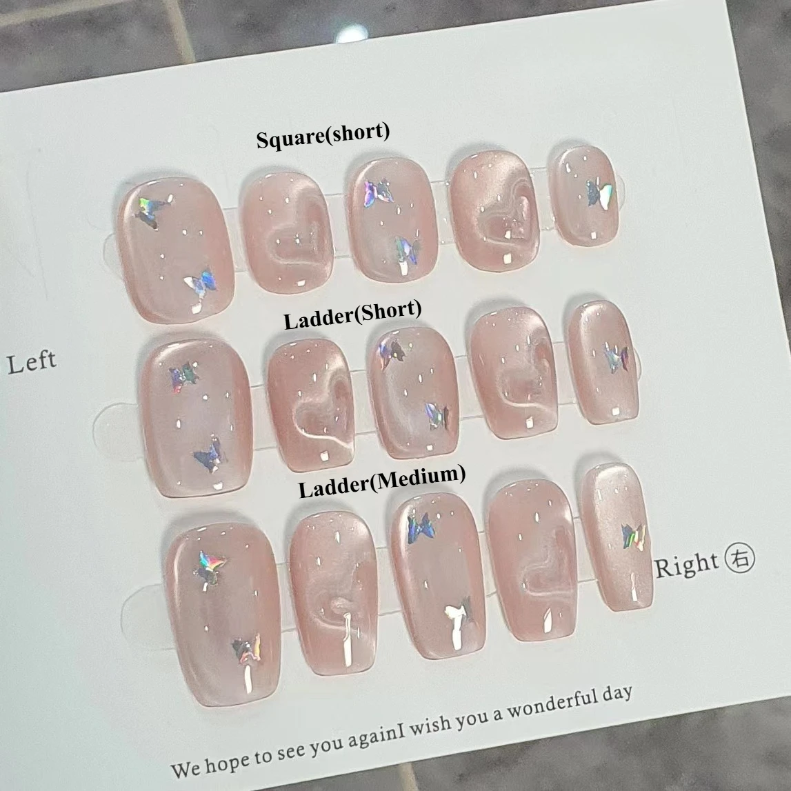 

10Pcs Handmade Press on Nails Reusable Wearing Nail Butterfly Nude Clear Cat Eye Design Unique White Nail Tip Art