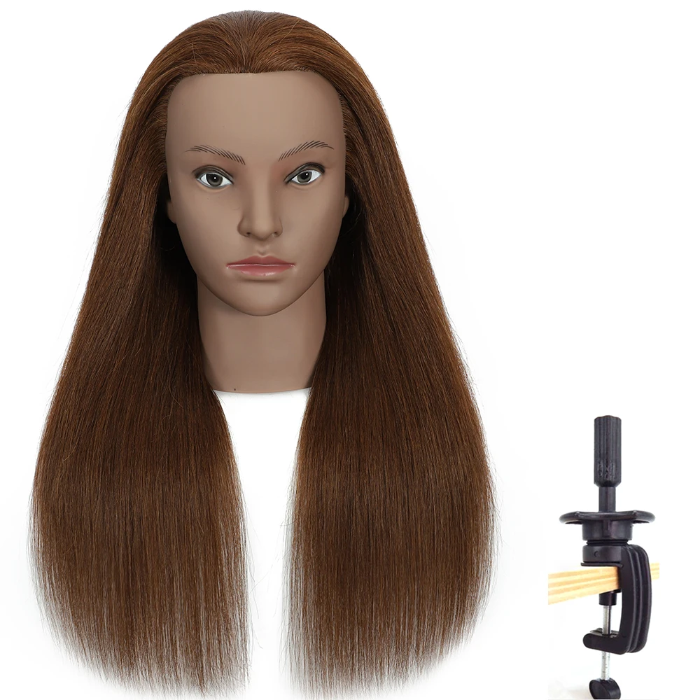 Cabeça de manequim com 100% cabelo humano real, cabeça de boneca com braçadeira, prática de trança, treinamento, estilo, cosmetologia, manequim para ha