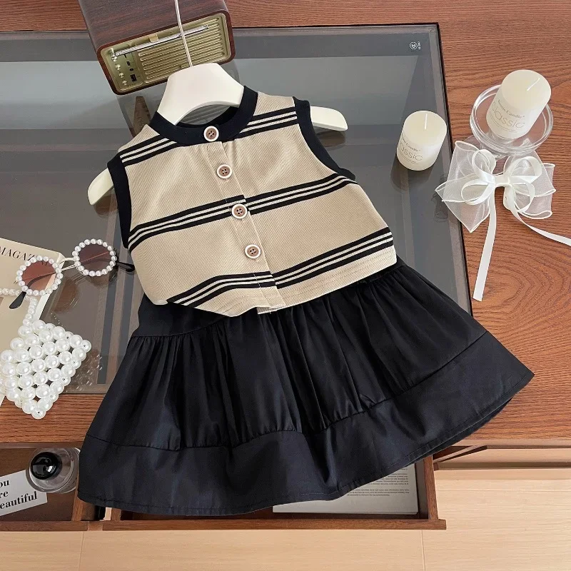 

2-9Y Girls Clothes Sets Summer Sleeveless Knitted Striped T-shirt+Skirt Fashion Retro Children Casual Clothes Two Piece Set