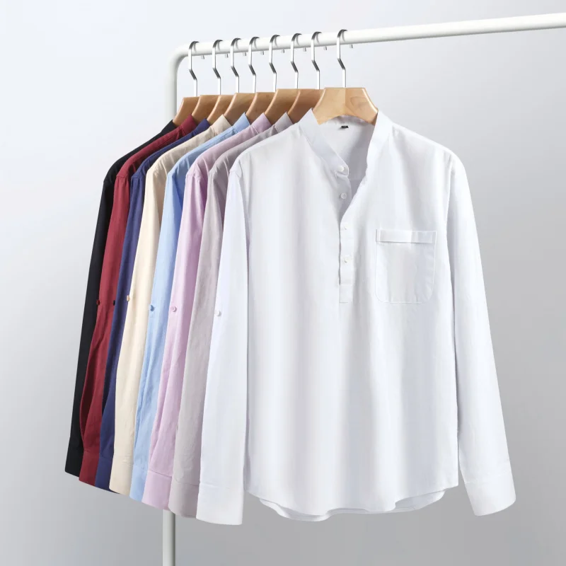 

Рубашка Генри, весенняя высококачественная устойчивая к морщинам нежелезная рубашка, мужская рубашка из эластичного льна, повседневная универсальная мужская рубашка