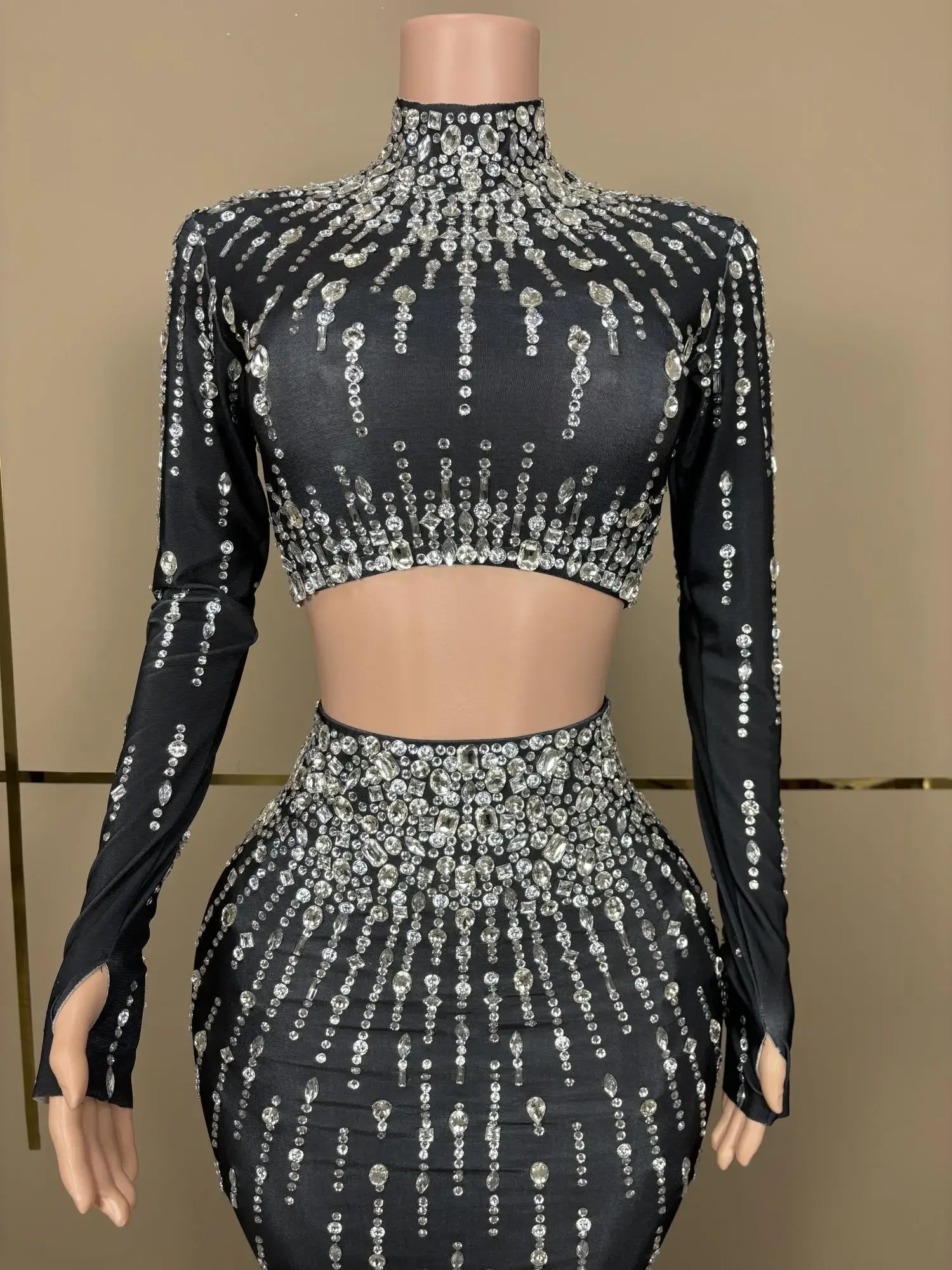 Birthday Party  Outfit Stage Dance costume Crystals Sexy Nightclub Tops Long Skirt 2Pieces Set Event Photo Shoot Wear