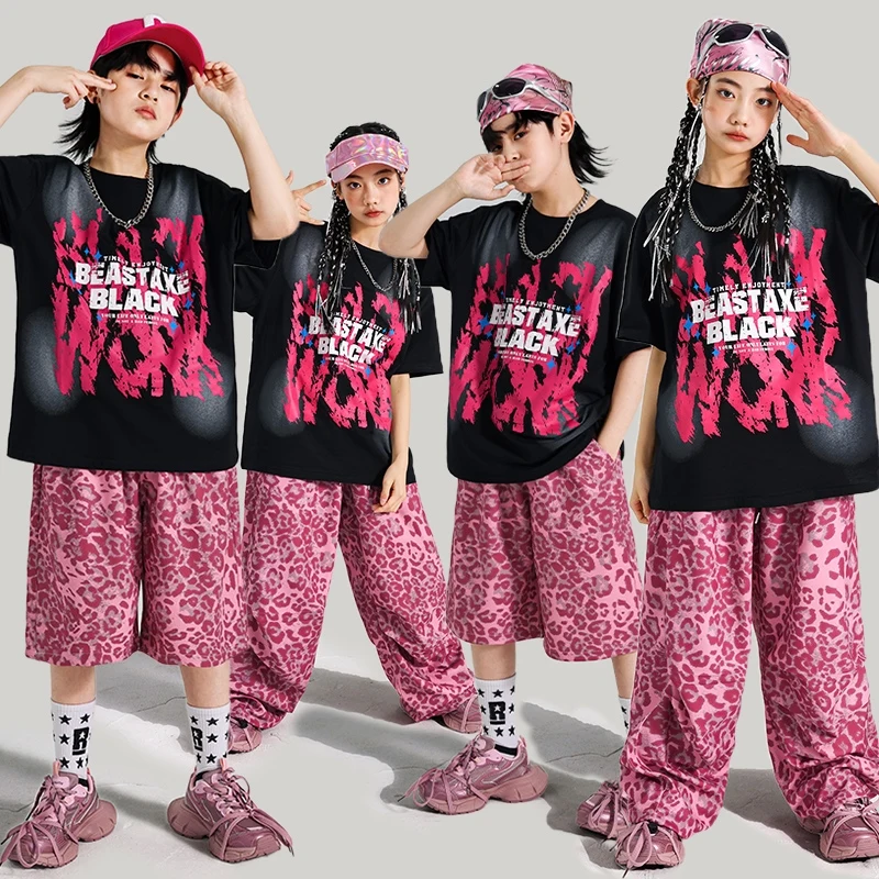 Costume de danse de rue pour enfants, ensemble Hip Hop, pantalon imprimé léopard rose, T-Shirt noir surdimensionné, tenue de Jazz pour enfants, Streetwear AMY1953